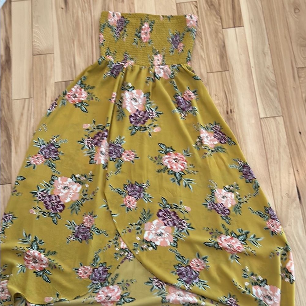 Socialite Asymmetrical Floral Dress - Mustard and Pink